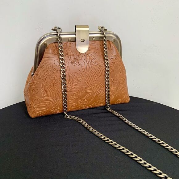Handmade Genuine Leather Embossed Leaves Chic Metal Frame Shoulder Bag/Crossbody